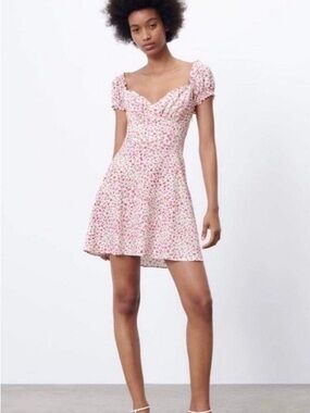 Zara Pink Floral Sweetheart Mini Dress